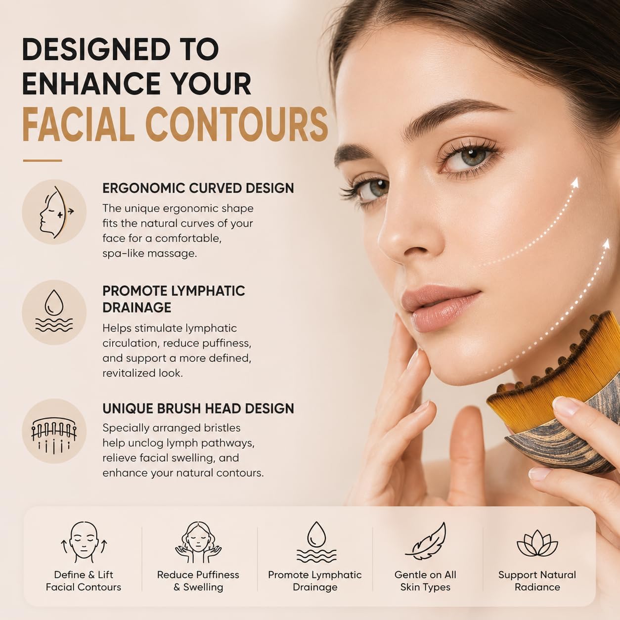 Lymphatic Contour Sculpting Tool for Facial Drainage, Reduces Puffiness & Lifts Appearance, Ultra Soft Bristles for Dry Skincare, Enhances Absorption & Glow