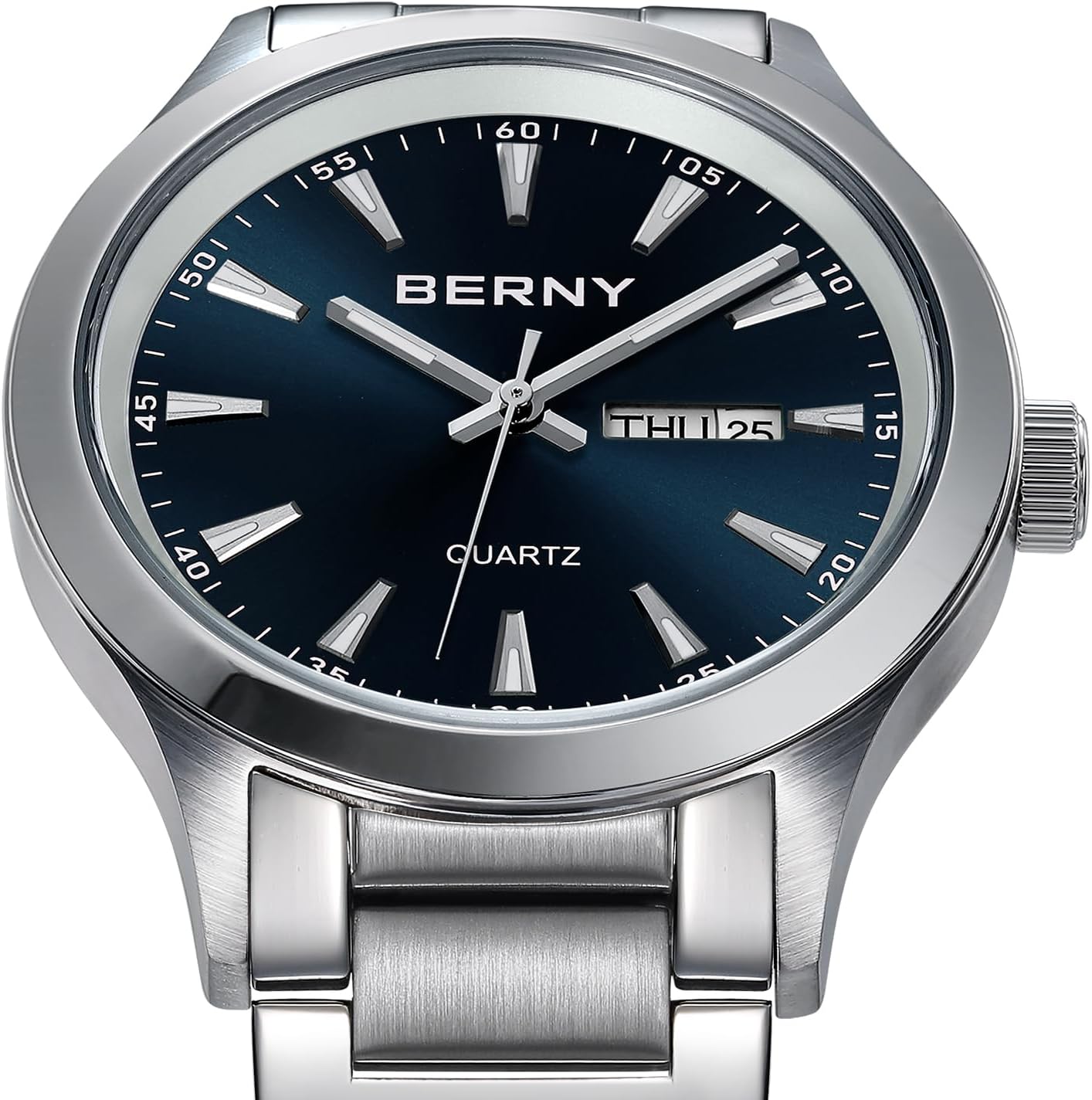BERNY Mens Solid Stainless Steel Quartz Dress Watch Waterproof Sports Watches for Men Luminous Silver-Tone Wristwatches