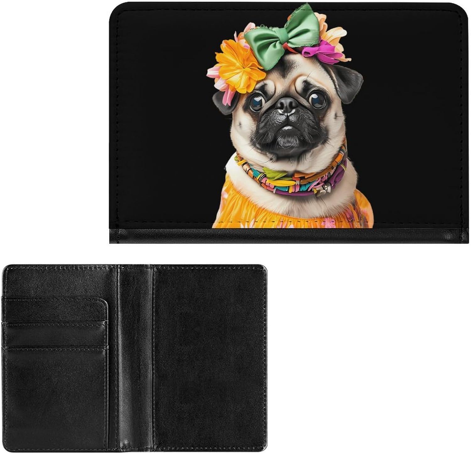 Pug Dog Cute Passport Holder, Travel Wallet PU Bifold Passport Cover Case with Card Slots