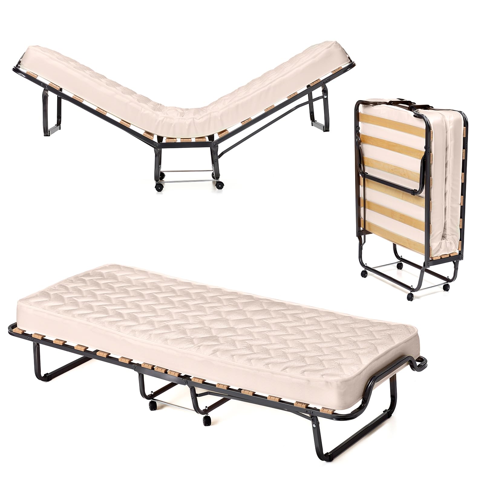 LIFEZEAL Brandina Pieghevole con Materasso, Letto Singolo a Scomparsa, Letto di Emergenza per Ospite, con 4 Ruote, Telaio in Acciaio, 15 Doghe in Legno, Salvaspazio, Max 120 kg, Made in Italy