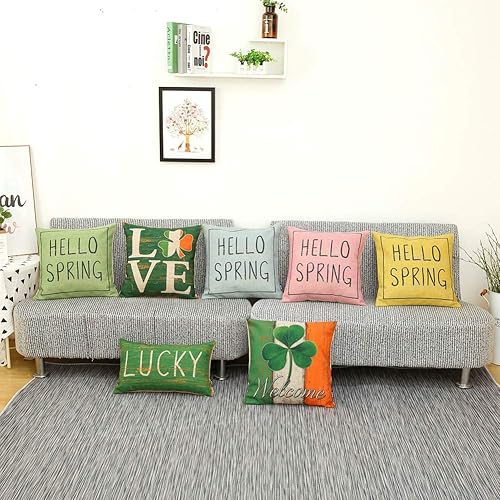 Miniatura 3 de TRENDIN Hello Spring - Fundas de almohada de 18 x 18 pulgadas, decoración de Pascua, funda de cojín cuadrada para sofá, algodón, lino, grano de