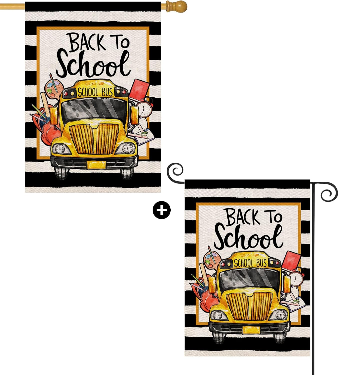 Baccessor School Bus Back to School House Flag and Garen Flag Black Stripes School First Day Garden Flag for Fall Seasonal Farmhouse Outdoor Outside Party Decoration