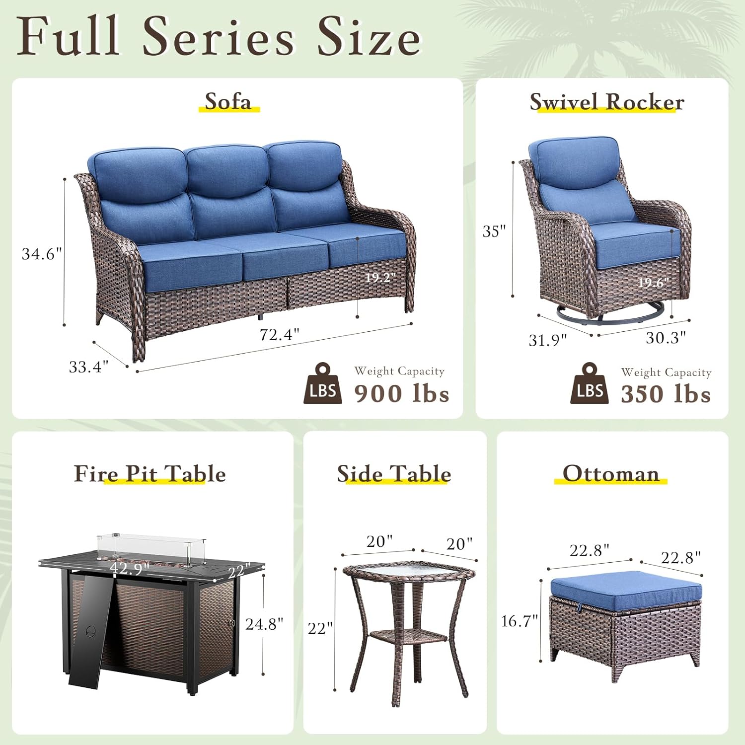 Luxury High Back Outdoor Furniture with 6-inch Extra Thick Cushions, Patio Furniture Set with Fire Pit Table & Swivel Chairs, 9 PCS Wicker Conversation Set for Yard, Deck, Poolside, Brown/Blue