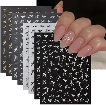 8 Sheets Colorful Bow Nail Art Stickers 3D Self-Adhesive Black White Gold Silver Mini Bows Nail Decals Cute Bow-Knot Stickers for Nails Stickers Nail Decor for Women Girls DIY Manicure Accessories