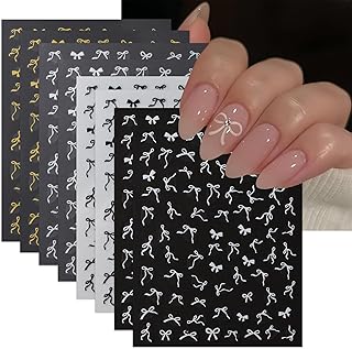 8 Sheets Colorful Bow Nail Art Stickers 3D Self-Adhesive Black White Gold Silver Mini Bows Nail Decals Cute Bow-Knot Stickers for Nails Stickers Nail Decor for Women Girls DIY Manicure Accessories
