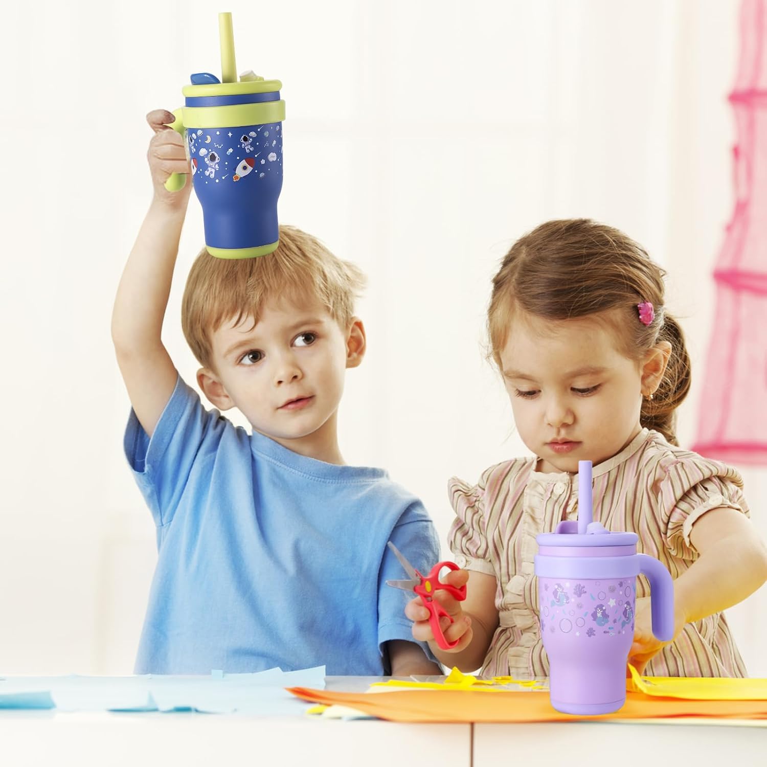 KXIAOCHEN 14 oz Kids Tumbler with Handle for Spill Proof Insulated Stainless Steel Reusable Tumbler for Toddlers, Keeps Drinks Cold up to 24 Hrs,Mermaid+Spaceman2P - Image 9