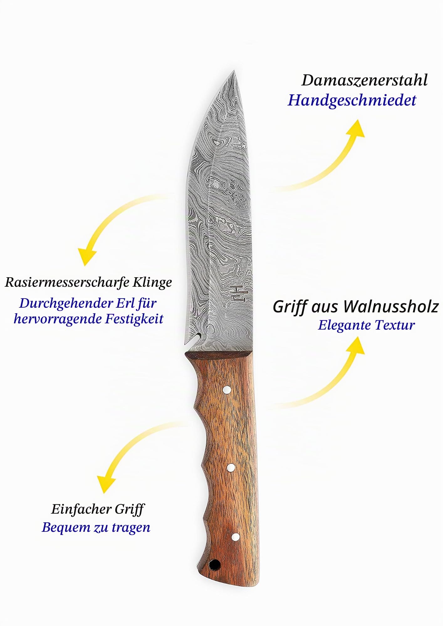 Hobby Hut HH-401, Bushcraft damaststahl Survival Messer, Damastmesser Jagdmesser mit Lederscheide, Extra Scharf, Walnuss Holzgriff, Festehnde and Camping Messer,