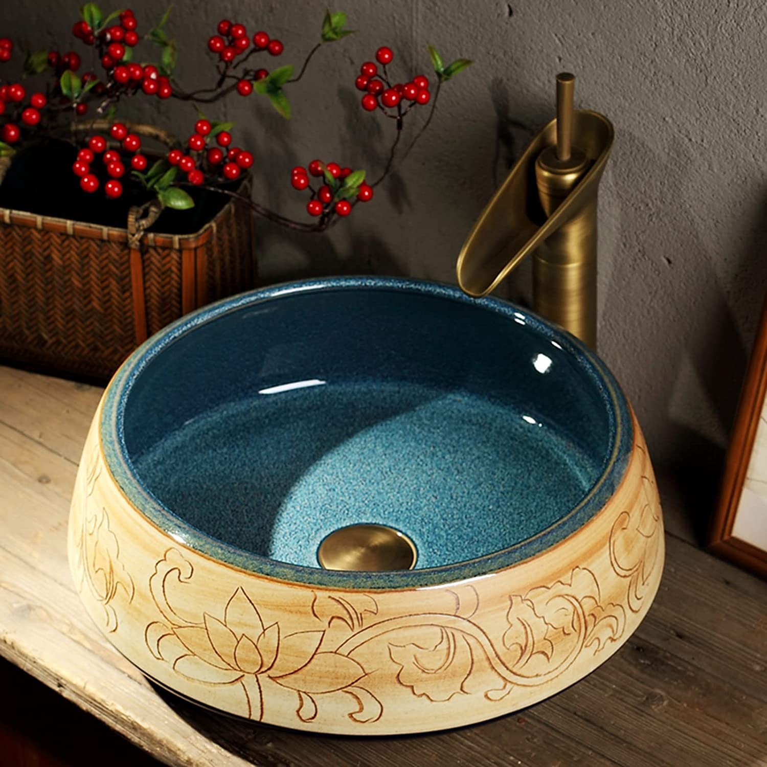 Ceramiczna Umywalka Łazienkowa, Ceramiczna Umywalka Nablatowa, Okrągła, Grawerowana Umywalka Łazienkowa, Artystyczna Umywalka Nablatowa 41 * 41 * 15 Cm, Minimalistyczna Umywal,Green Singlebasin