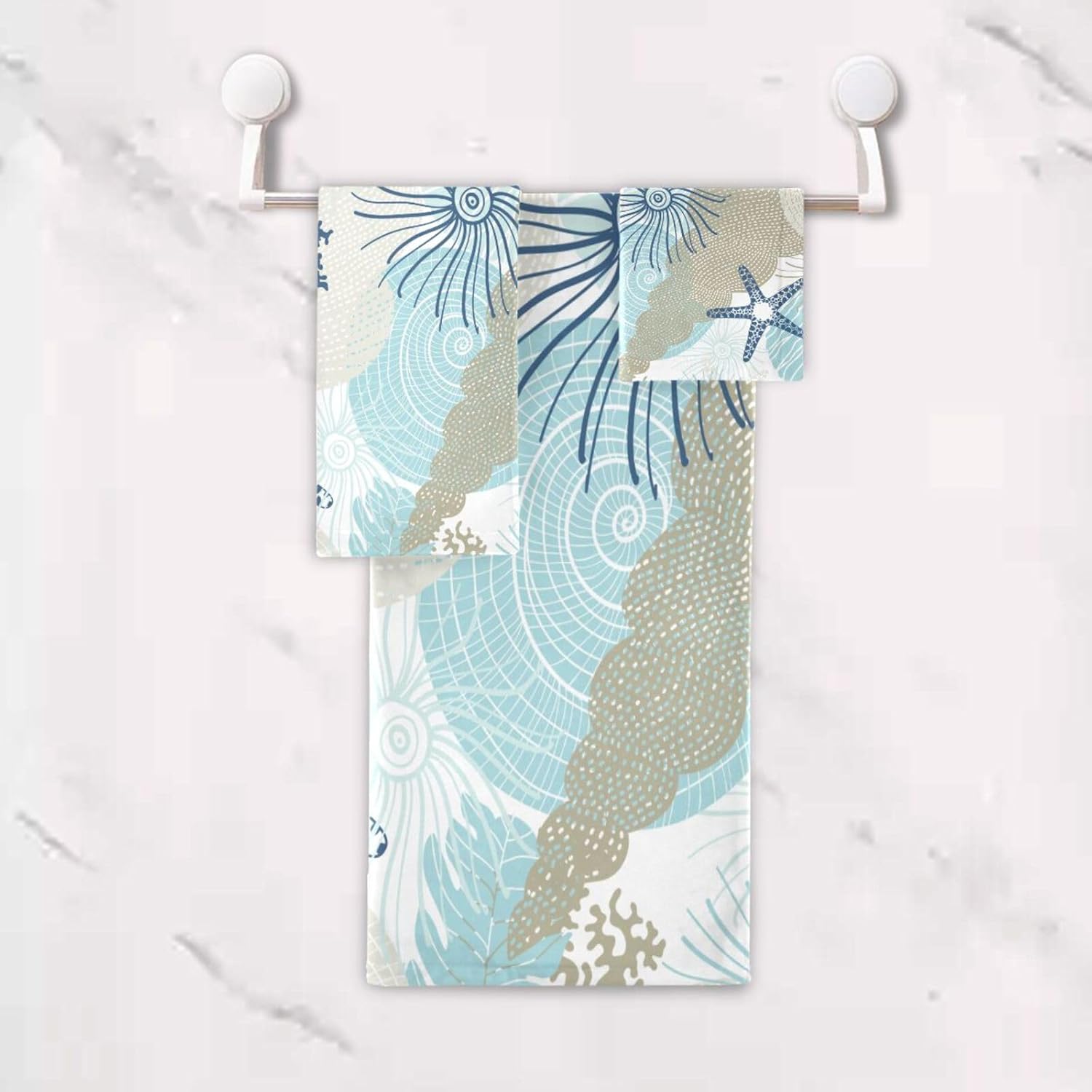Aqua Blue Nautical Bath Towels Set of 3 Soft Absorbent Coastal Beach Themed Coral Starfish Towel Set,1 Bath Towel,1 Hand Towel and 1 Washcloth,Decorative Bathroom Towels for Shower,Gym,Spa