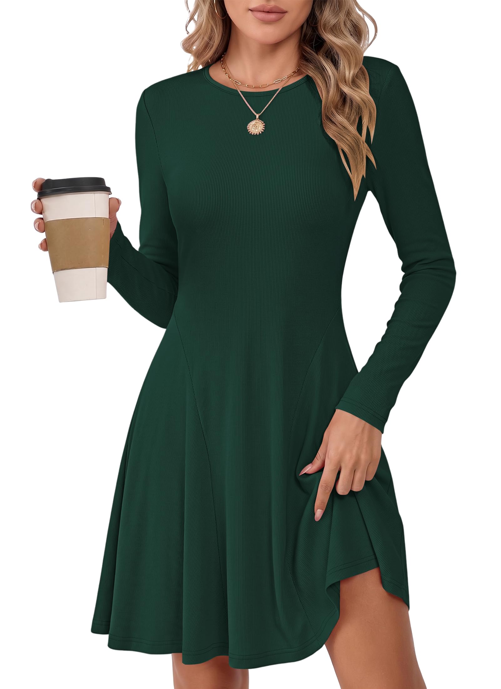 MOLERANI Damen Strickkleid A-Linie Langarm Rundhals Gerippt | Rundhals, weicher dehnbarer Rippstoff schmeichelt der Figur. Ideal für Herbst und als Layer unter Wintermänteln