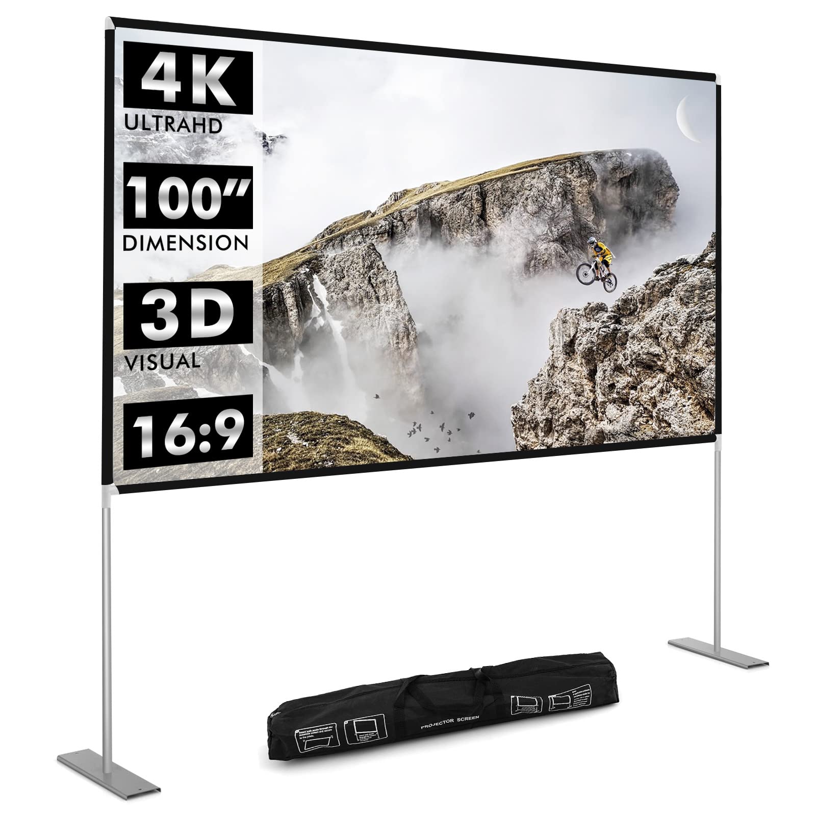 COSTWAY 100/120 inch Projector Screen with Stand, 16:9 4K HD Rear Front Projections Movies Screen, Folding Floor Standing Wrinkle-Free Screen with Carry Bag for Indoor Outdoor Home Theatre (100 Inch)