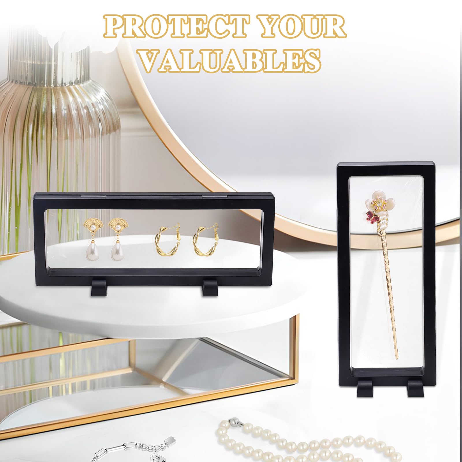 Jinzhenhong 8Pcs 3D Floating Display Case, Clear Coin Display Case with Stand, Black Rectangle 3D Floating Framed - Image 3