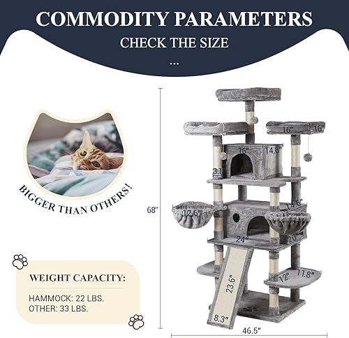 Miniatura 7 de Allewie Casa de árbol para gatos de varios niveles de 68 pulgadas con condominio, postes rascadores y torres para gatos grandes, color gris claro