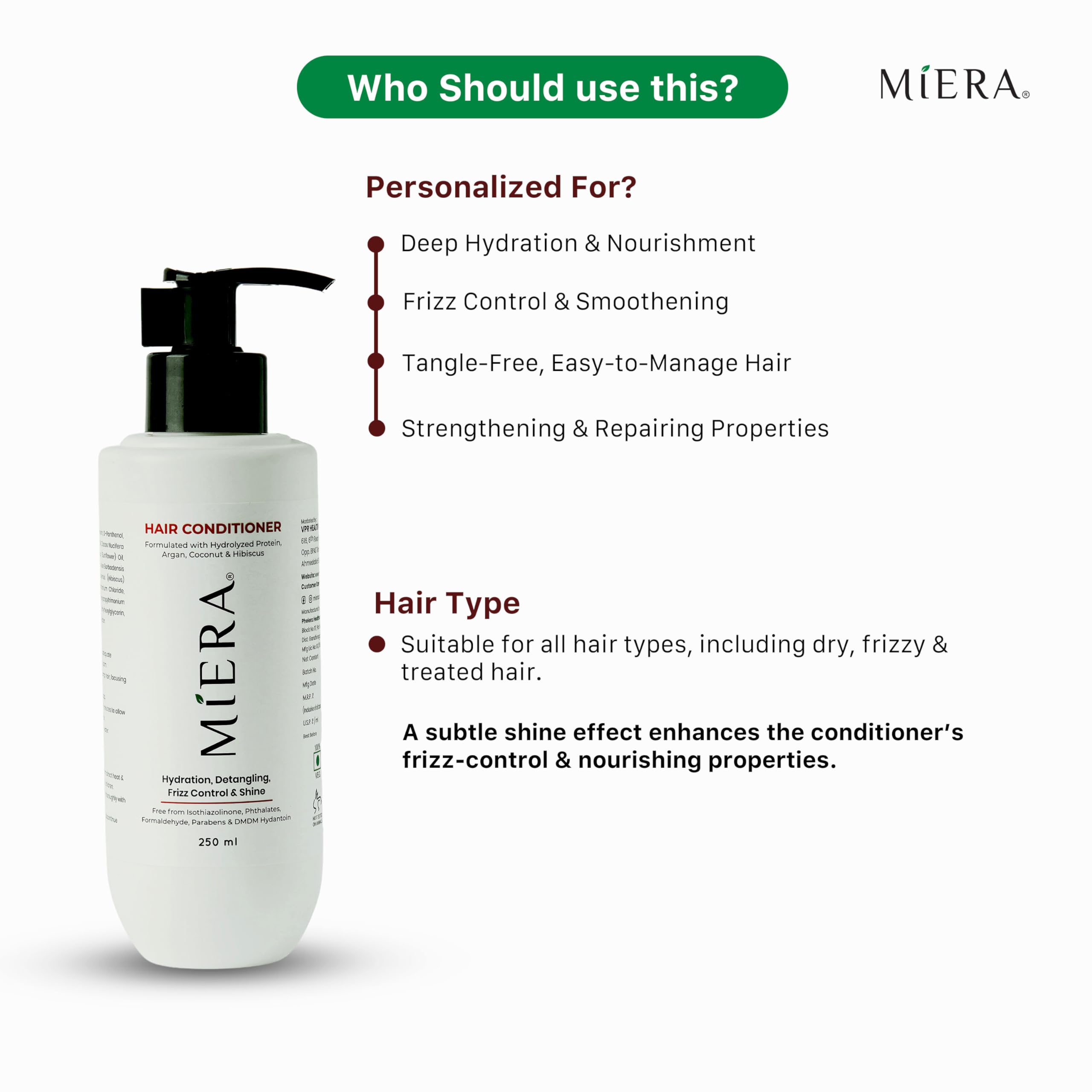 Miera Hair Conditioner with Argan Oil, Coconut Oil & Hydrolyzed Protein – Nourishing, Frizz Control & Detangling Conditioner for All Hair Types – Paraben-Free, Daily Use – 250ml 1