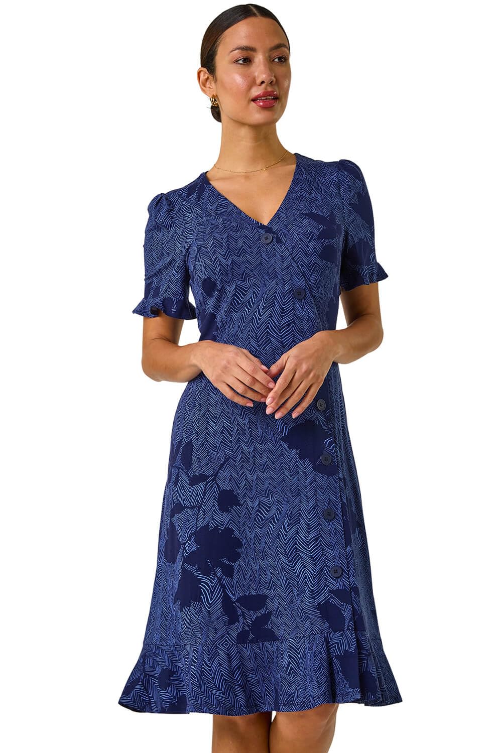 Roman Women's Navy Floral Side Button Dress In Size 20