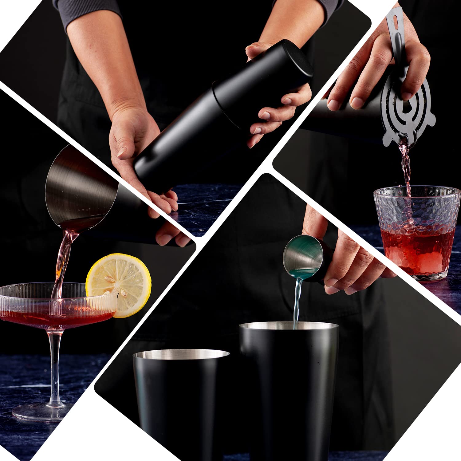 JNWINOG Juego de coctelera de cóctel, kit de coctelera Boston de 4 piezas con coctelera de 20 onzas/25 onzas, colador y doble jigger, juego de barra para batidora de bebida casera (color negro mate)