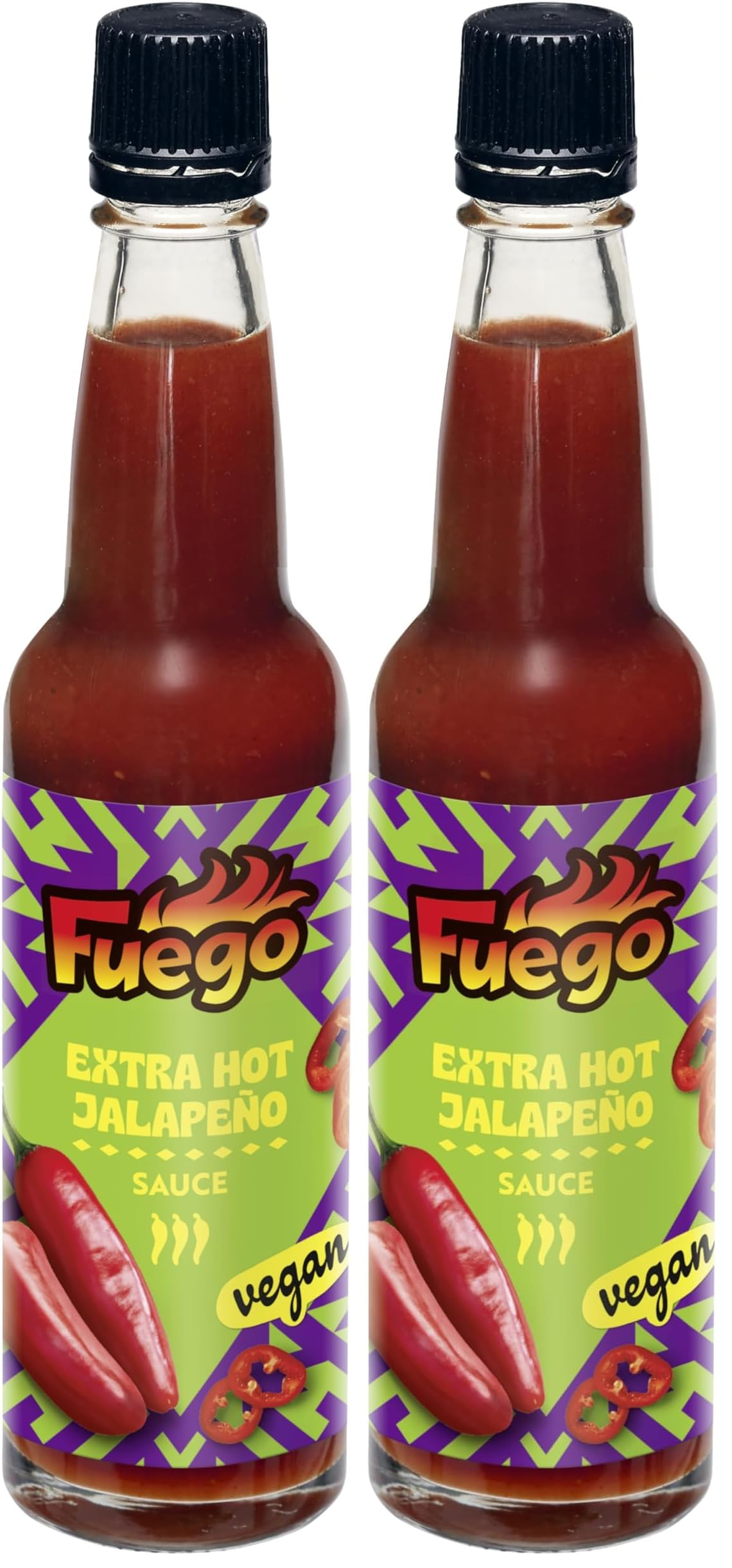 Fuego - Jalapeño Sauce Extra HOT | Extraschärfe zum Verfeinern von Fleisch, Gemüse | Zum Würzen von Saucen und Dips | Vegan, ohne Geschmacksverstärker | 100 ml in der Glasflasche (Packung mit 2)