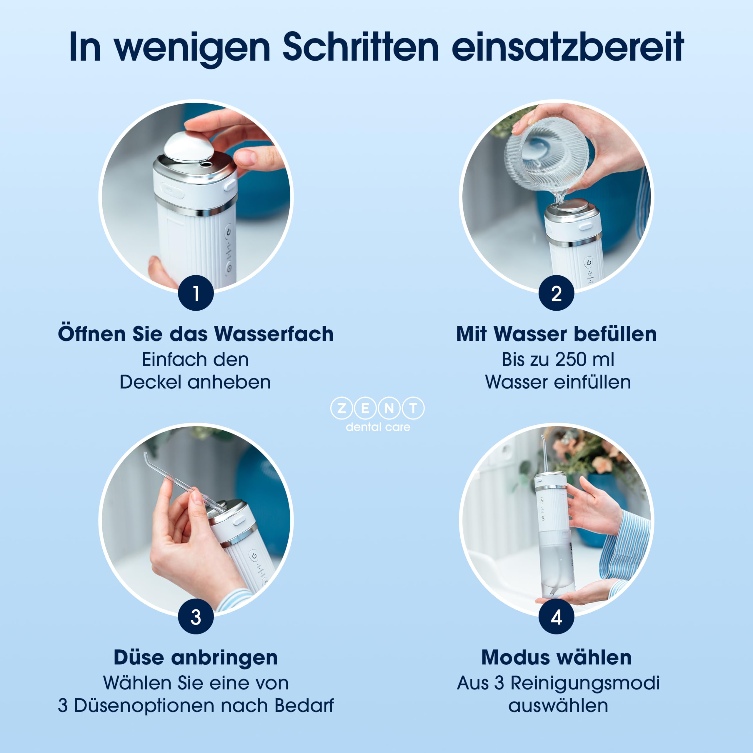 ZENT Munddusche kabellos Water Flosser mit 3 Aufsätzen Rosa | Die Munddusche bietet 360°-Rotationstechnologie, einstellbaren Wasserdruck, IPX7 Schutz und Zahnsteinentferner