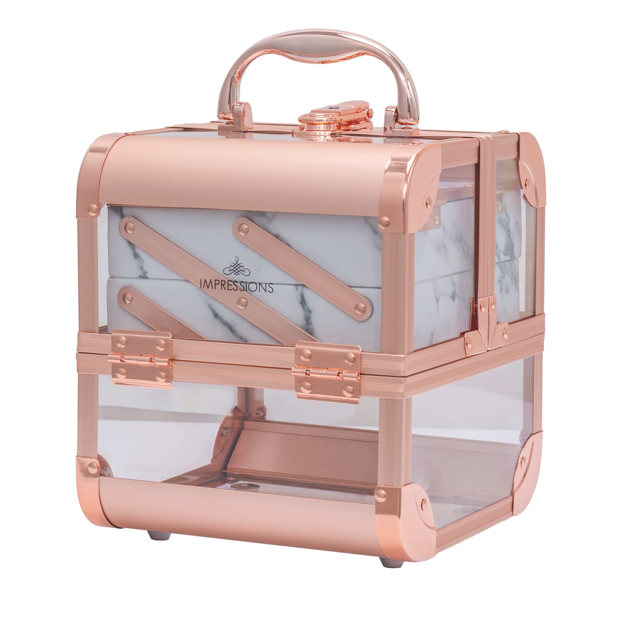 Impression Vanity Savvy Slaycube Makeup Travel Case with Crystal Clear Panels, Compact Makeup Organizer with Flip Top Mirror and 2 Extendable Trays (Rose Gold Clear White Marble), Rose Gold Clear