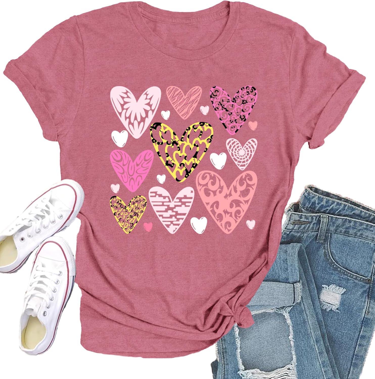 Valentines Shirts for Women Love Hearts T-Shirt Happy Valentine's Day Tee Tops