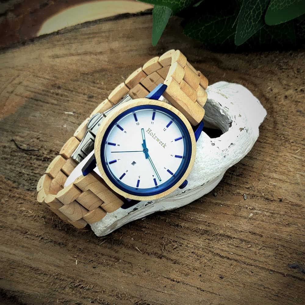 Ręcznie wykonany drewniany mechanizm Germany® Designer Unisex zegarek damski Eko Naturalny Drewno Zegarek na rękę Analogowy Klasyczny Zegarek kwarcowy Brązowy Klon Niebieski Biały