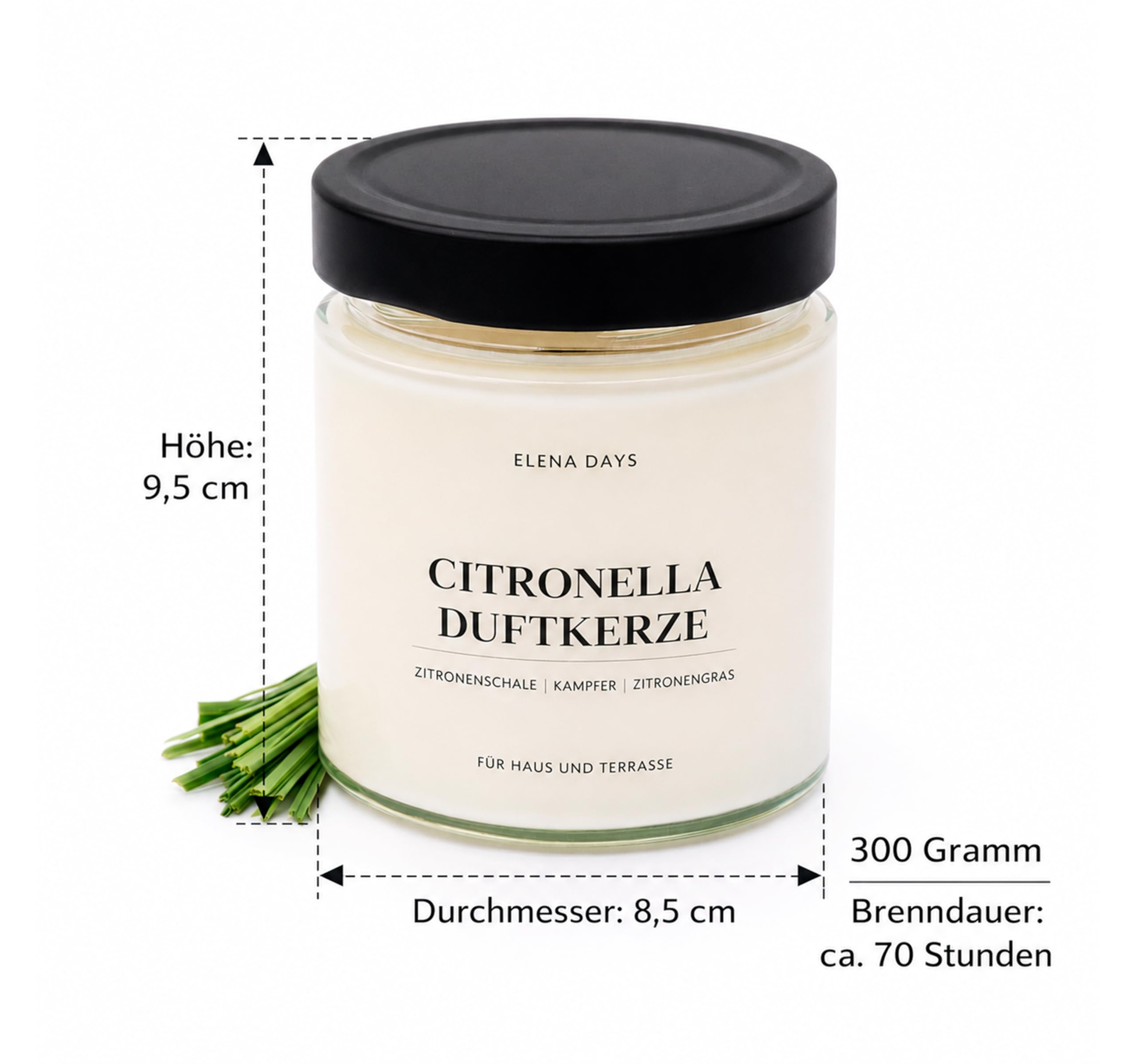 Citronella Duftkerze im Glas 300g – Sojawachs Kerze mit Holzdocht, intensiver Duft, Sommer Zitronengras & Zitrone Duft, lange Brenndauer 70h, für Haus, Terrasse & Balkon, Geschenkidee