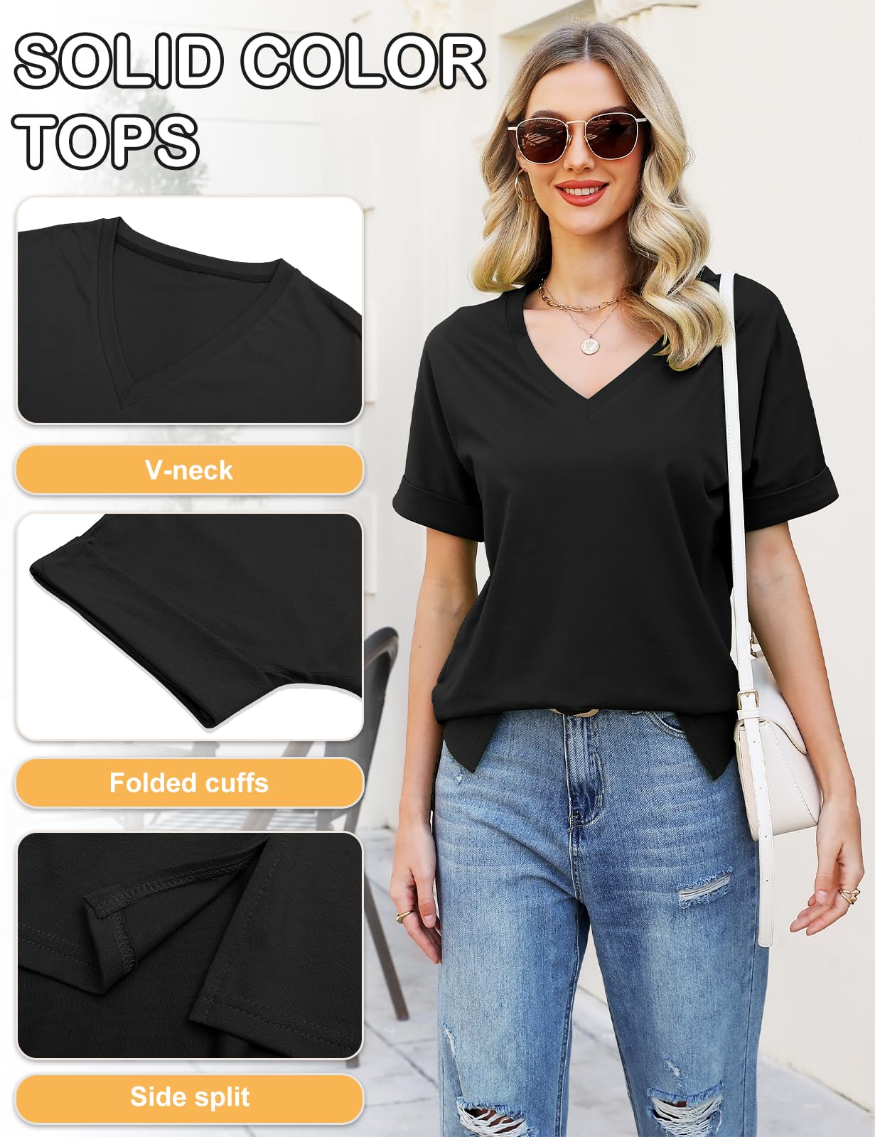 CMTOP T-Shirt Donna Estiva Cotone V Scollo Tinta Unita Maglietta Manica Corta Top Casual Case Camicie Orlo Arrotondato Lungo per Feste Casual Maglietta da Donna Allentate