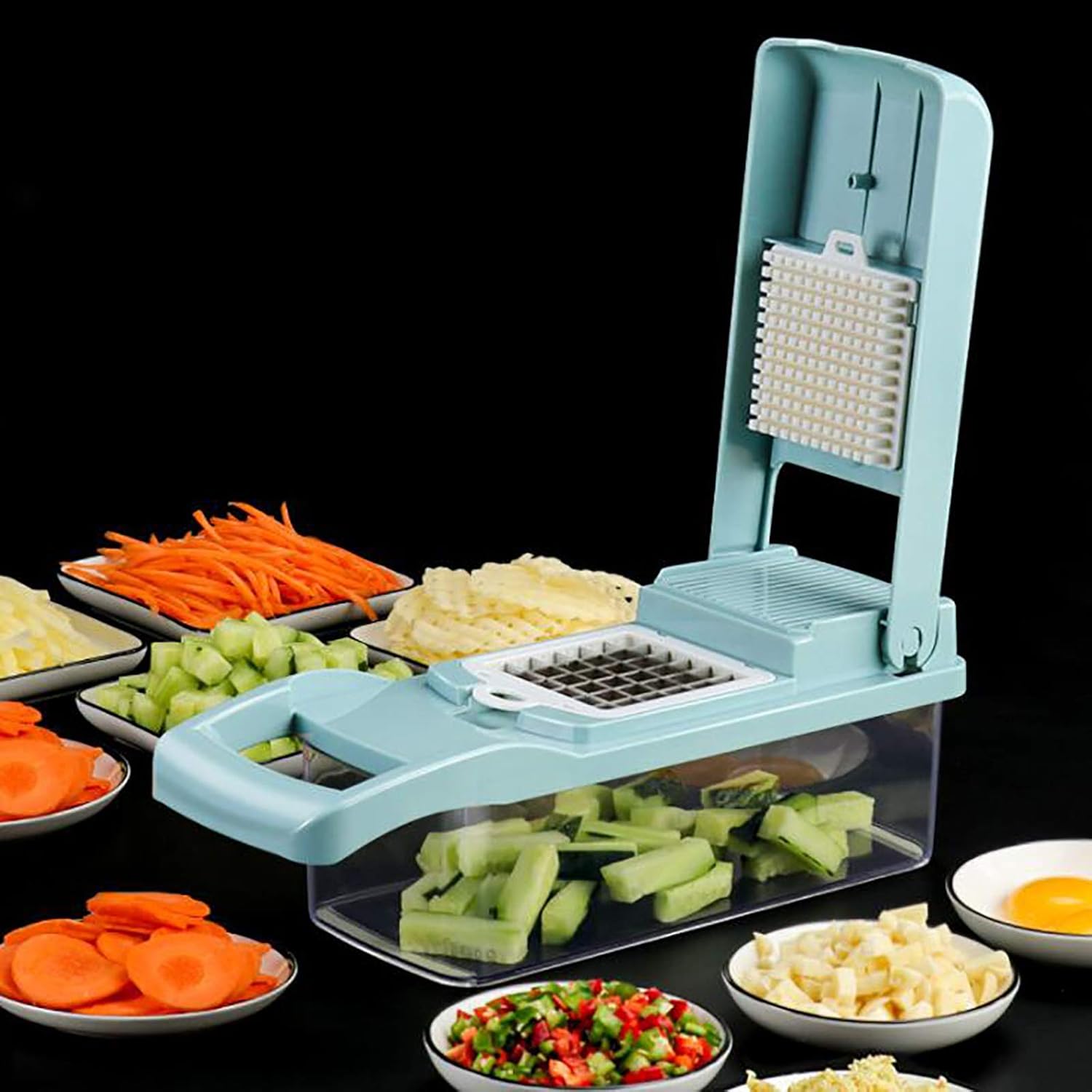 Mandolin Slicer Onion Chopper Cutter Dicer Kitchen Food Chopper Vegetable Spiralizer with 7 Blades Manual Vegetable Slicer for Garlic Carrot Potato Tomato Vegetable Chopper-Blue 32x11x11cm(13x4x4in
