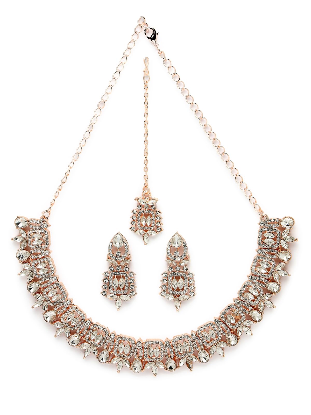Sukkhi Trendy Gold Plated Rose Gold AD White Stone Collar Bone Necklace Set With Earring And Maangtika | Jewellery Set For Women (NS105605) (B0CBBC1XQM) Amazon Price History, Amazon Price Tracker