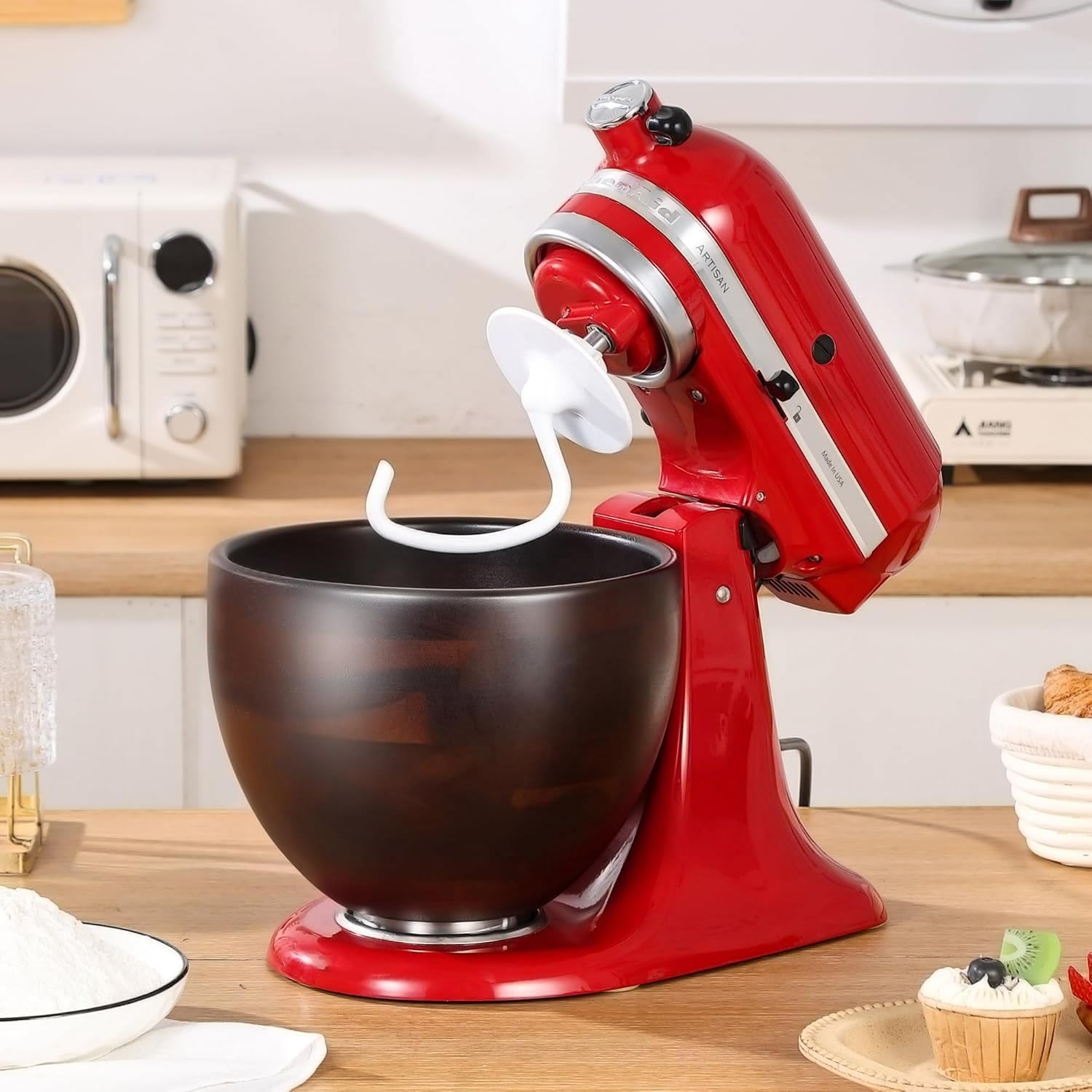 ULTICOR Premium Walnut Wood Mixing Bowl Compatible with KitchenAid 4.5 & 5 QT Tilt-Head Models – Natural True Walnut Wooden Bowl with Stainless Steel Locking Base | 5QT