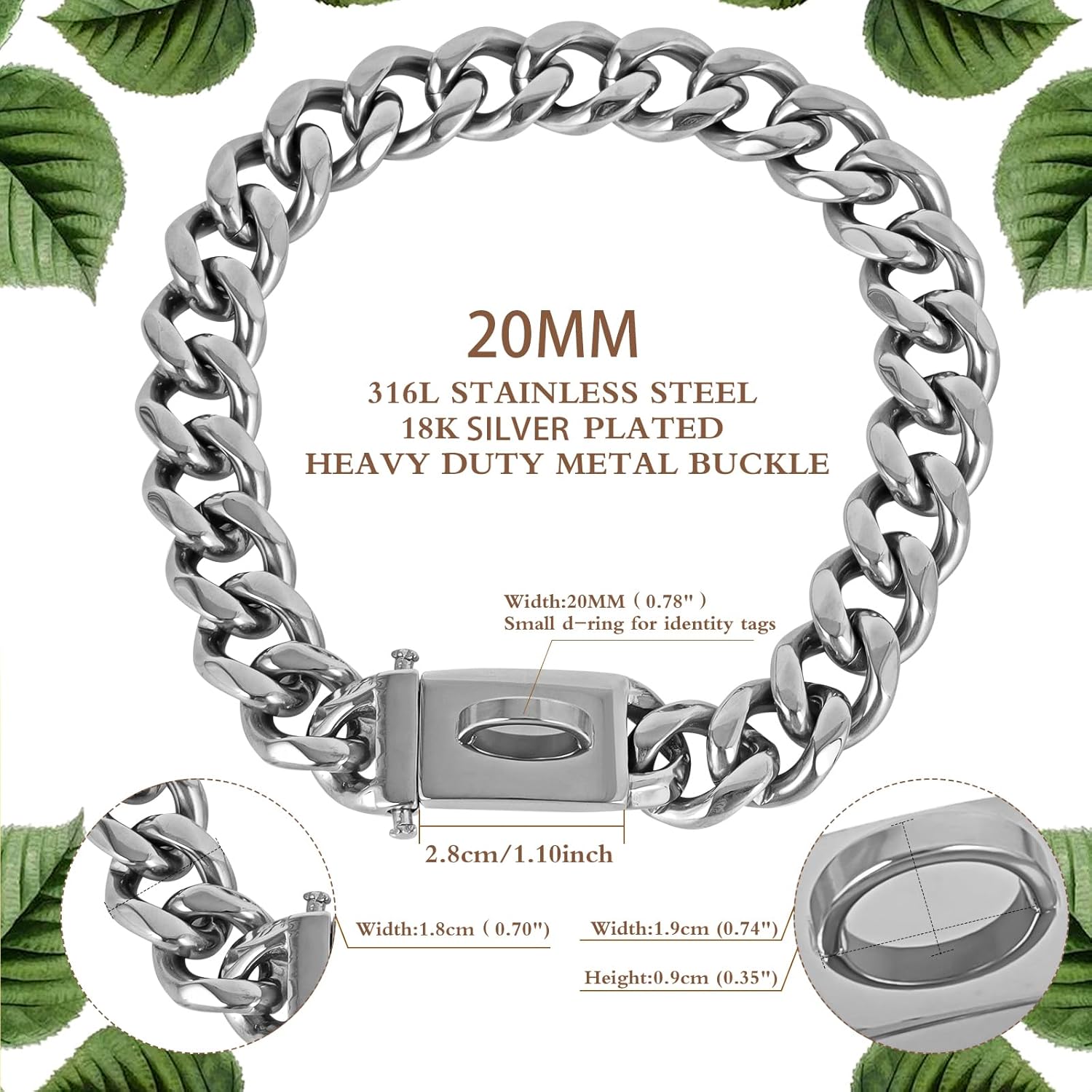 BAOBOTE 20MM Silver Dog Chain,Cuban Link Dog Collar with Design Secure Buckle,Cuban Link Strong Heavy Duty Chew Proof for Medium Dogs(20" Silver)