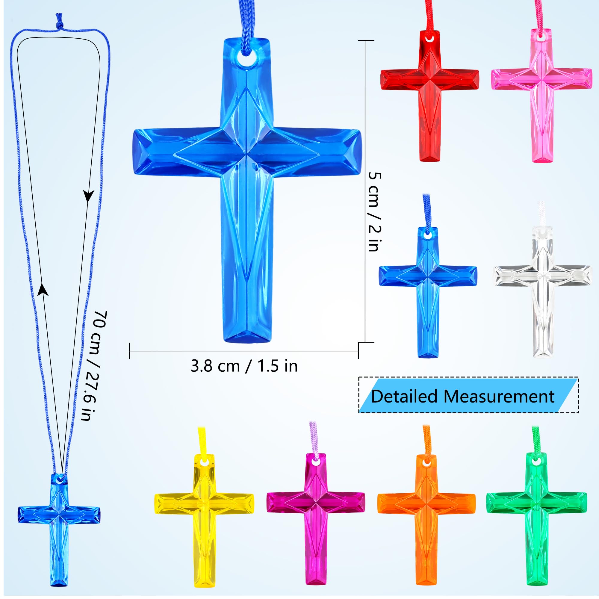 Kugliwa 128 Pcs Crystal Cross Necklace Plastic Colored Cross Necklaces Bulk for Christian Religious Party Favors School Prizes Church Easter Egg Fillers Gift, 8 Colors