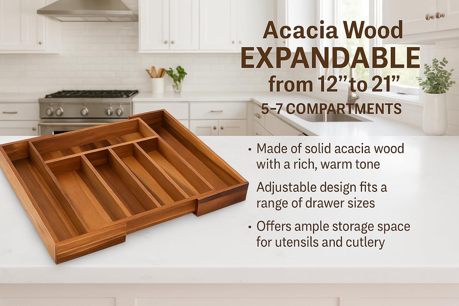 Expandable Acacia Drawer Organizer for Kitchen Utensils – Adjustable Silverware Tray with 5 to 7 Compartments, Natural Acacia Wood Flatware Organizer for Kitchen, Office, or Bathroom Storage