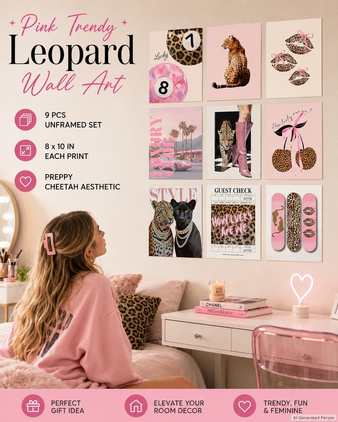 XCHFPKZV 9Pcs Pink Trendy Leopard Wall Art, 8"X10", Unframed image 4