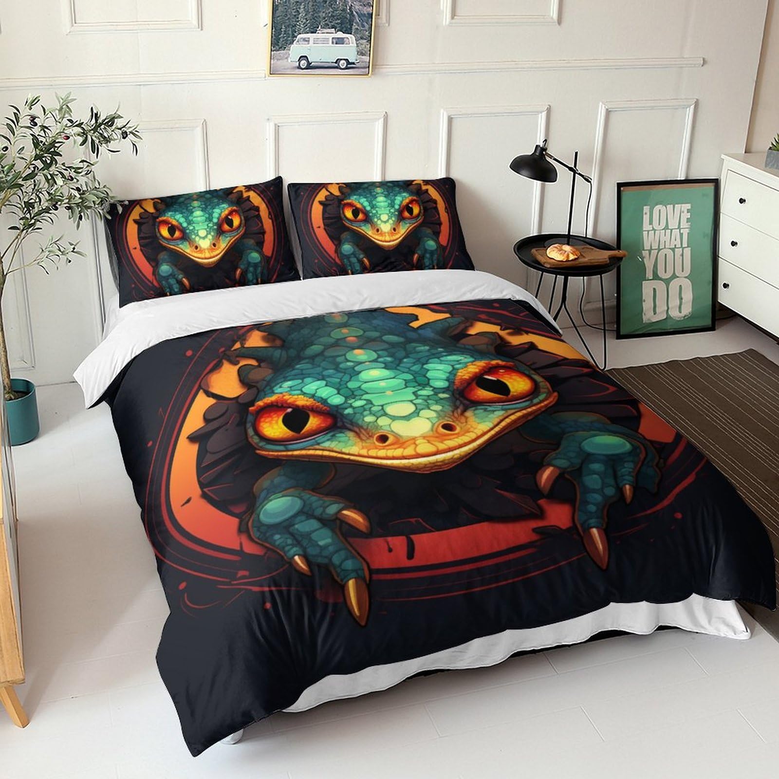 Housse de couette 3D green lizard en microfine parure de lit animaux et faune sauvage 3 pièces