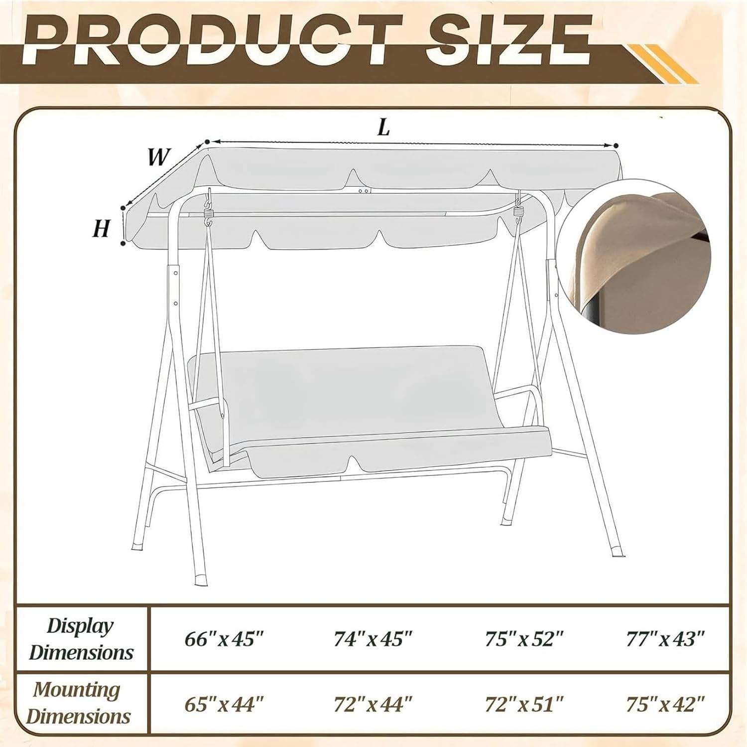 Swing Chair Canopy, Replacement Waterproof Swing Top Cover, Top Cover, Garden Swing Seat Canopy Cover for Outdoor Garden Patio Yard Park Porch Seat Furniture(Size:66x45 in,Color:Beige)