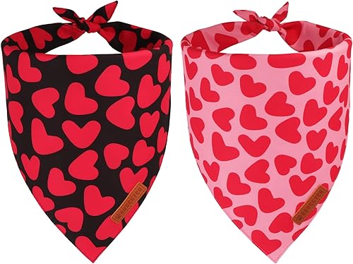 ADOGGYGO Valentine Dog Bandana 2 Pack, Reversible Red Pink Heart Puppy Scarf Bib, Adjustable Fit Valentine Bandanas for Small Dogs Pets (Small)