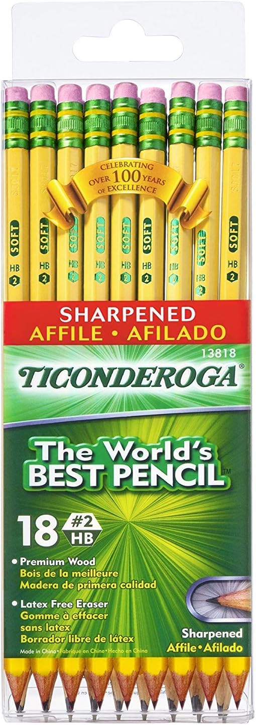 TICONDEROGA Pencils, Wood-Cased, Pre-Sharpened, Graphite #2 HB Soft, Yellow, 18-Pack (13818) : Wood Lead Pencils : Office Products