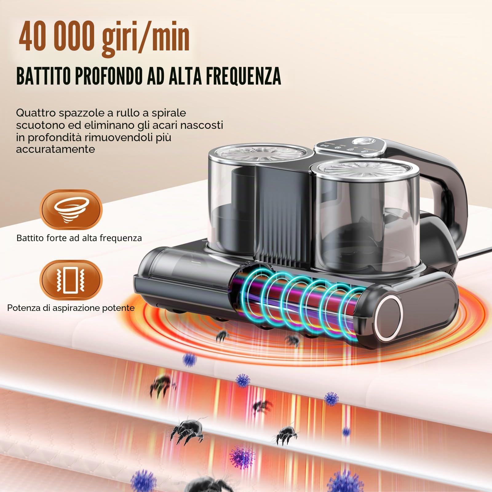 Aspiratore per materassi con luce UV-C, 16Kpa Battimaterasso Aspirapolvere per Materassi luce sensore acaro della polvere, indicatore LED, ultrasuoni, Battitappeto per Divano, Tessuti e Letti
