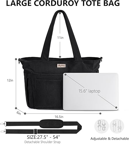Vista 2 de Bolsa tote de pana para mujeres, 17 bolsillos para laptop de trabajo, ligera, para maestras, enfermeras, bolsa de hombro bíblica para escuela, Negro