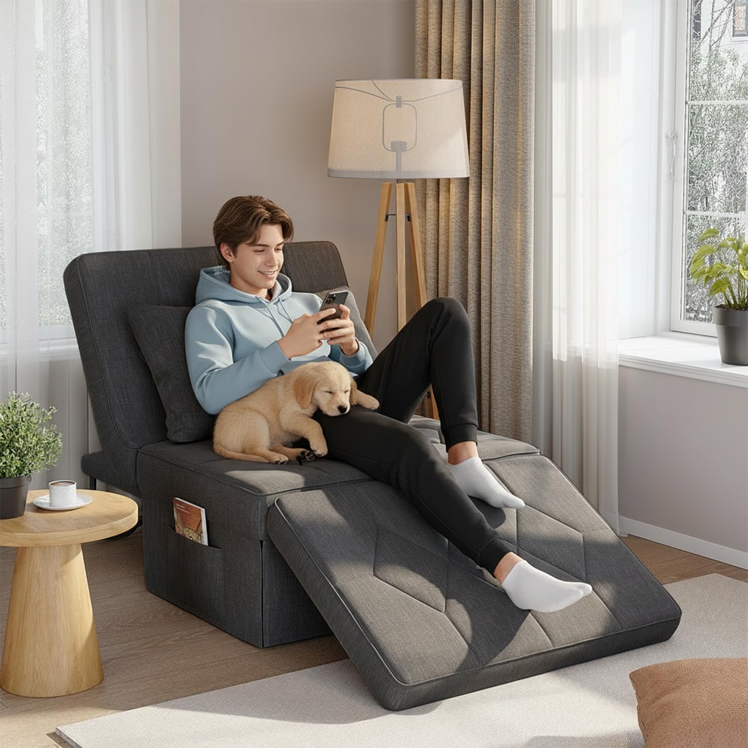DSNAPE 4-in-1 Sofa Bed, Convertible Single Sofa Chair with 5-Level Adjustable Backrest, Sleeper Chair Bed with Pockets and Pillow, Foldable Pull Out Sofa for Living Room Bedroom Guest Room, Dark Grey