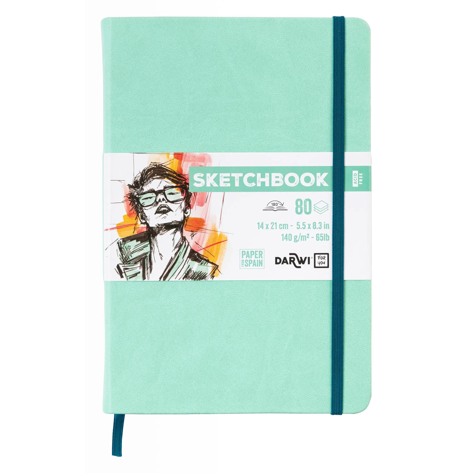 Darwi for You DF80014210003C - Carnet Cousu Sketchbook 14x21 cm 140g - 80 Feuilles Papier Dessin Blanc - Couverture Rigide Vert D'eau