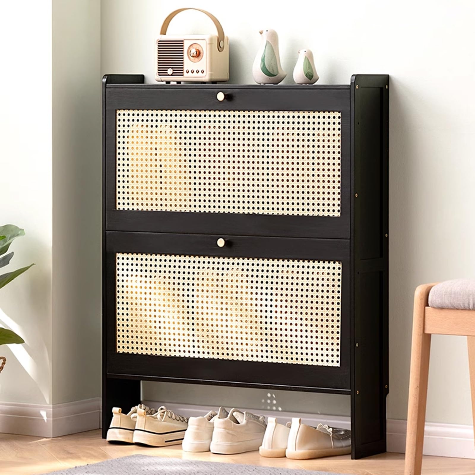 SVFOEBJM Shoe Storage Cabinet, Shoe Cabinet for Entryway Narrow, Plastic Rattan Shoe Cabinet, Freestanding Wooden Shoe Rack Storage Cabinet for Entryway Hallway Bedroom