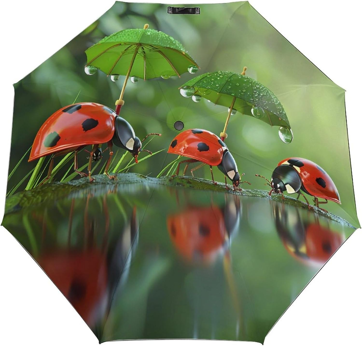 Cartoon Ladybugs Auto Open Close Umbrella 3-Fold Design for Rain Sun Protection Leaves Windproof Compact Umbrella for Walking Travel Lightweight