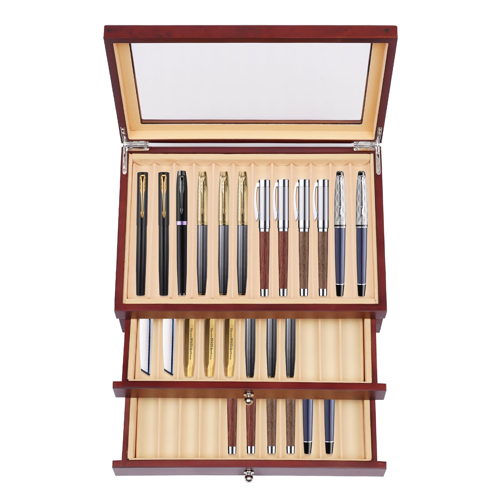 Stiftebox Holz für 34 Füller Stifte Kugelschreiber Federhalter Display Organizer Box mit Glasfenster und 3 Ebene Schubladen Vitrine 31 * 21 * 12,5cm