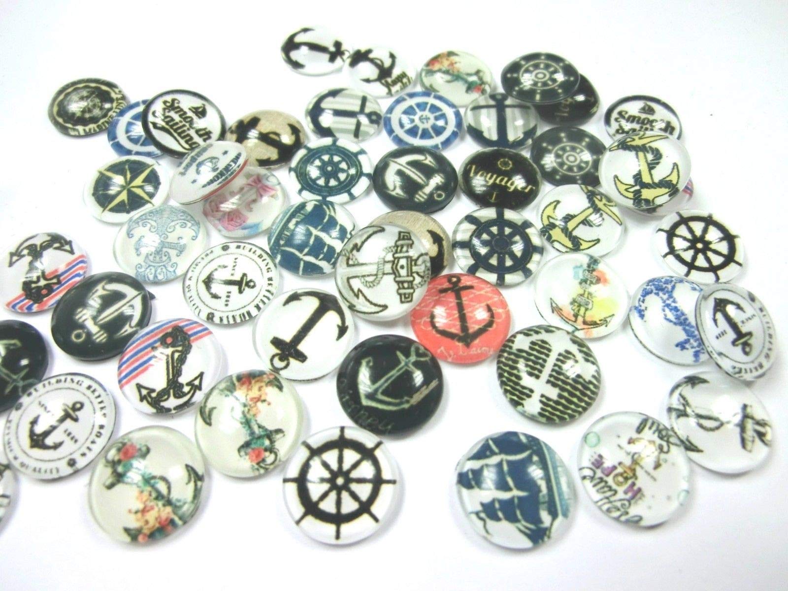 beadsvision 50 Glas Cabochons 12mm Motiv Anker Ruder 12x4mm Glascabochons rund flach (Maritim Mix Anker #55)