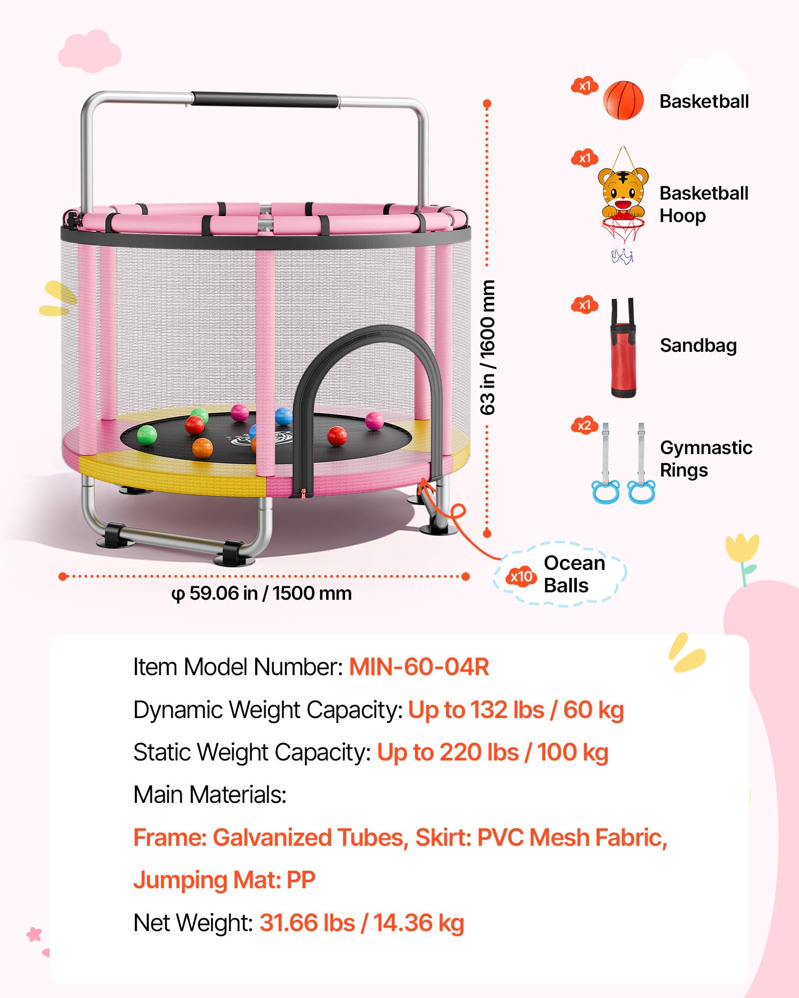 VEVOR Trampolino Elastico per Bambini Rete Protezione 150 cm Carico 60 kg, Trampolino Giocattolo Esercizio per Bambini da Interno Esterno Barra Regolabile Tappeto Integrato, Manubrio a 3 Livelli