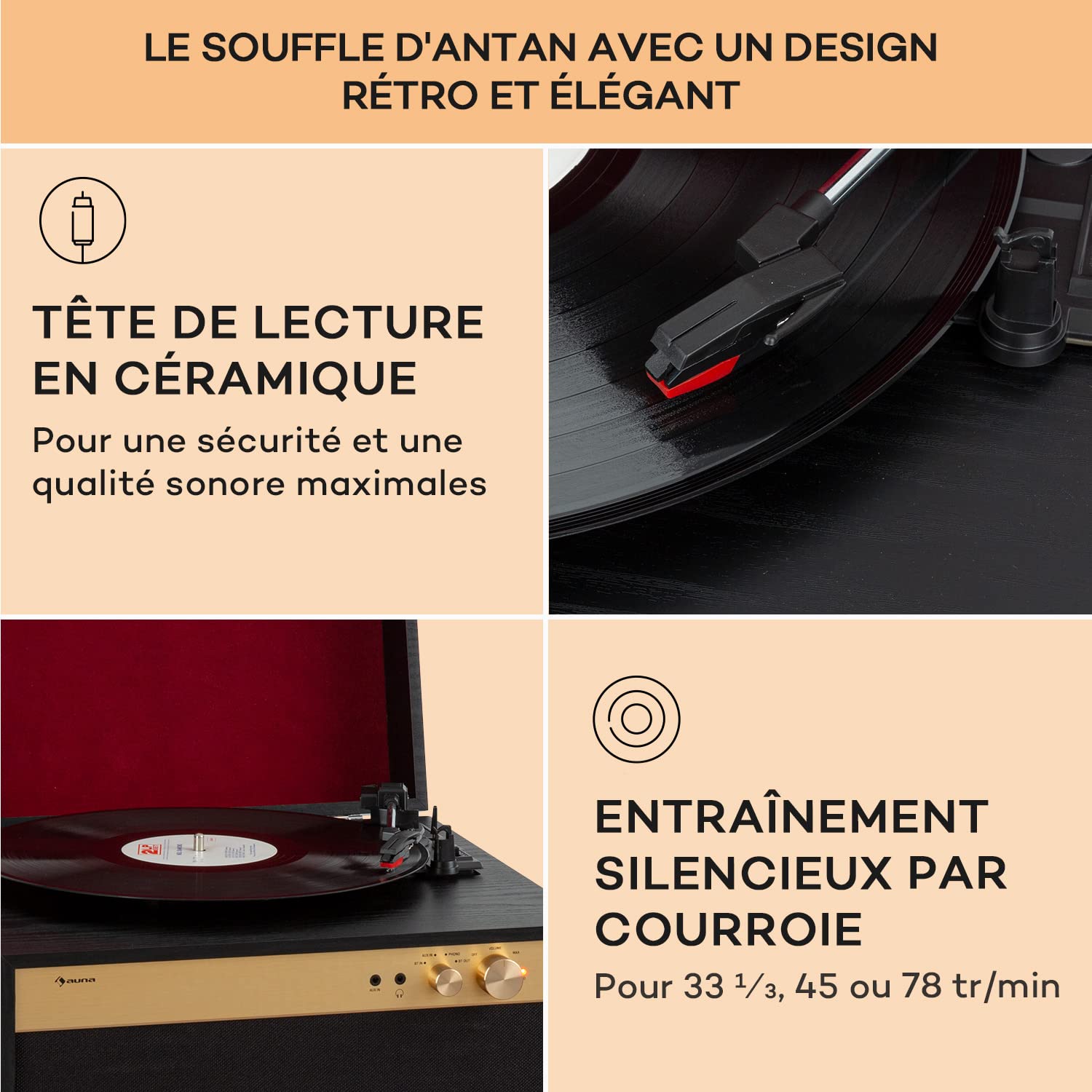 Auna Tourne-disque vinyle pour vinyles avec haut-parleurs, lecteurs de disques audio domestiques, émetteur et récepteur Bluetooth rétro vintage, systèmes stéréo