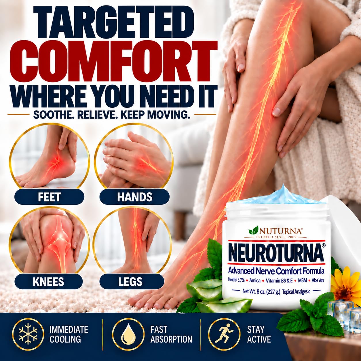 Neuropathy Nerve Cream - Fast-Acting Maximum Strength 3.7% Menthol for Feet, Hands, Legs & Toes - Cooling Nerve Comfort - Non-Greasy with Arnica, MSM & Aloe Vera - Made in USA - XL 8 oz Value Size — Amazon image 2