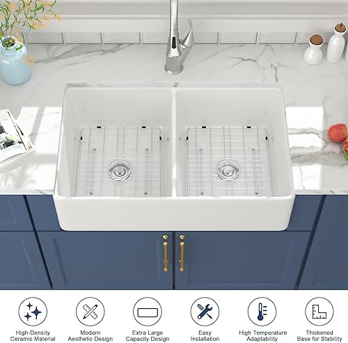 Miniatura 4 de Lordear Fregadero de cocina de doble tazón blanco de 32 x 19 pulgadas, dos lavabos, fregadero de cerámica de porcelana de arcilla refractaria blanca